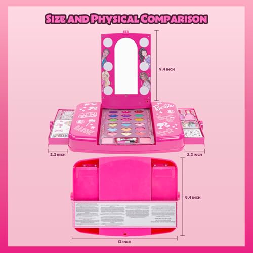 Barbie Beauty Vanity Set with Light-Up Mirror, Includes Lip Gloss, Eye Shadow, Brushes, Nail Polish, Accessories, and More! Ages 3+ Perfect for Parties, Sleepovers, and Makeovers, by Townley Girl