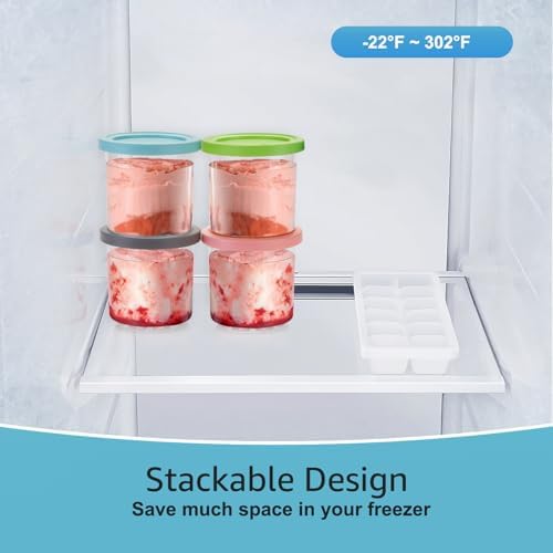 Ice Cream Containers for Ninja Creami Pints and Lids 16oz Pint Containers 4Pack Extra Replacement Pints for Ninja Creami NC301, NC300, CN301CO, CN305A Ice Cream Maker(Gray, Green, Pink, Blue)