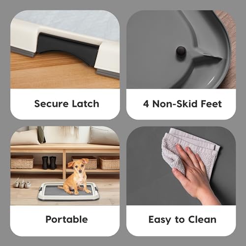 IRIS USA Pee Pad Holder, Small Puppy Pad Holder, Secured Latches, Non-Skid Rubber Feet, High Polish Finish for Easy Cleaning, Leak Protection Indoor Potty Tray, Fits 14"x17" Pad or Larger, Dark Gray