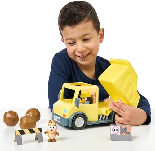 Bluey Dump Truck, with Load and Unload Feature, Get Some Work Done with Exclusive Hard-Hat and Muddy Bingo