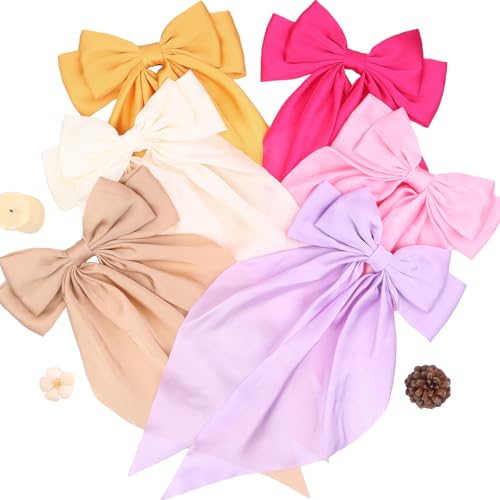 MRJ 6 Pcs Silky Satin Hair Bows Big Hair Ribbons for Women Large Hair Clips for Girls Hair Accessories Barrettes Metal Clips Bowknot Aesthetic