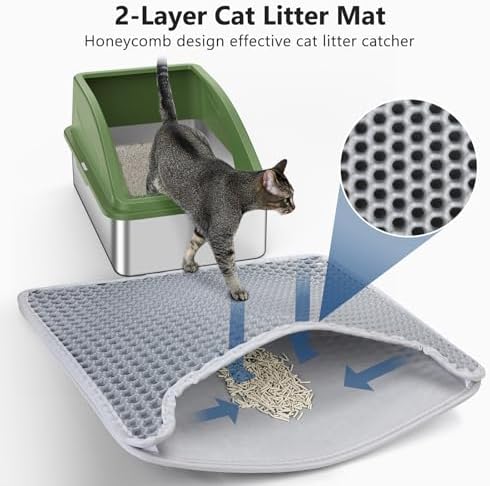 Stainless Steel Cat Litter Box, Extra Large Litter Boxes for Big Cats, XL Metal Cat Litter Box with Lid, Anti-Urine Leakage, Non-Sticky, Include Cat Mat and Litter Scoop