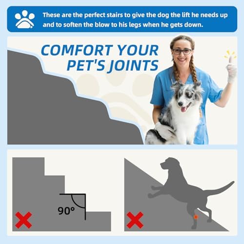 5-Step Spliceable Pet Stairs: Indoor& Outdoor Multi-Use with a Removable Cover and a Pocket, Best for Small Pets and Older Dogs Who Has Spine and Arthritis Issues to Get on High Beds, Grey(22.8" H