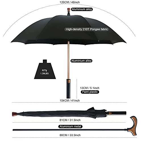 Wrzbest Stick Umbrella 2-in-1,Self Defense Cane Umbrella Man, Auto Open Long Handle, Large Detachable sturdy Walking Stick Umbrella Man Crutch Umbrella for Father's Day,elderly Men(Upgrade:black)