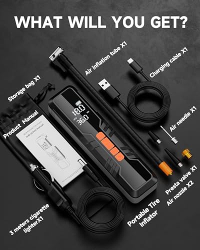 Tire Inflator Portable Air Compressor - 4X Air Pump for Car Tires, 150PSI&10000mAh Portable Tire Inflator for Car, 12DC Air Pump with Pressure Gauge/LED Light, Bike/Motorcycle/Ball/Car Accessories
