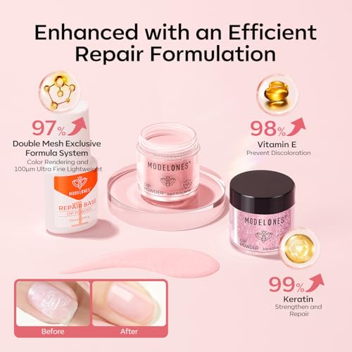 Modelones Dip Powder Nail Kit, 4 Colors White Nude Pink Glitter Dipping Starter Set with Liquid and Complete Accessories for French Nails Art Salon DIY at Home Manicure
