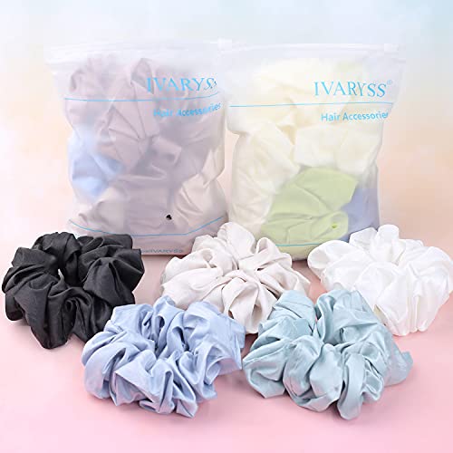 IVARYSS Big Scrunchies for Women Thick Hair, Premium Satin Softer than Silk, XL 6 Inch Extra Large Scrunchy Elastic Hair Bands Accessories, 6 Pack, Black