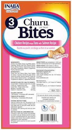 Inaba Churu Bites for Cats, Soft Baked Chicken Churu Filled Cat Treats with Vitamin E, 0.35 Ounces Each Tube, 24 Tubes Total (3 per Pack), Tuna with Salmon Recipe