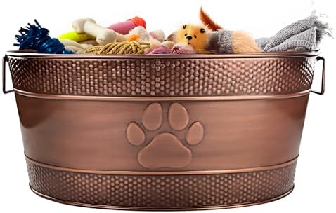 BREKX Indestructible Metal Dog Toy Bin - Copper Galvanized Storage Bin with Handles, Dog Toy Box for Dog Chew Toys, Blankets, & Leashes, Paw Pet Toy Box (25-Quart)