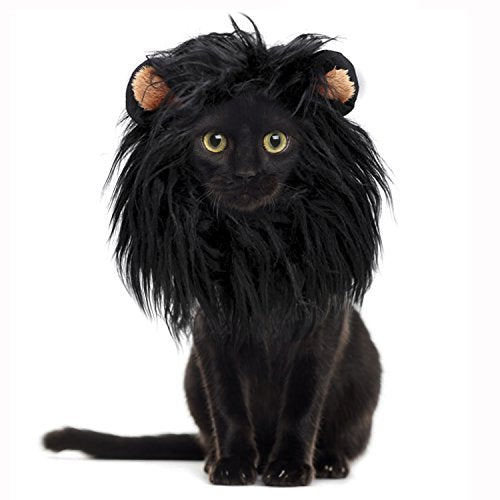 Onmygogo Lion Mane Wig for Cats, Funny Pet Cat Costumes for Halloween Christmas, Furry Pet Clothing Accessories (Size M, Black)