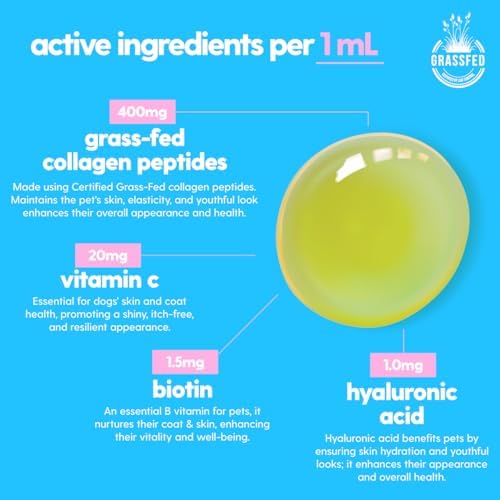 Skin and Coat Supplement for Dogs, Cats | Taily Liquid Collagen for Dogs | Itch Relief for Dogs with Allergies, with Grass Fed Collagen, Biotin, Vitamin C and Hyaluronic Acid | Made in USA
