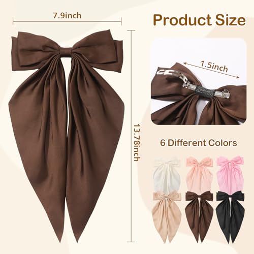 6Pcs Hair Bows for Women, Big Bow Hair Clips for Girls, Silky Satin Hair Bows Oversized Long Tail, Neutral Pink Hair Ribbon, Cute Bow Clips for Women, Metal Clips Hair Accessories Gifts