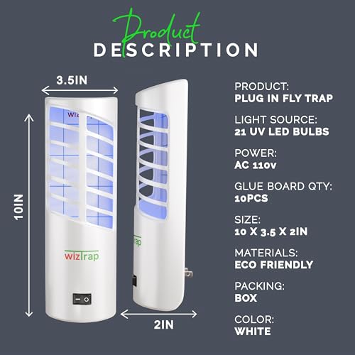 WizTrap™ 2-Pack Large Indoor Plug in Fly Trap, 21 UV LED Bulbs, 10 Sticky Glue Board Refills, A Home Gnat Trap, Moth Trap, Flies, Bug Trap, Mosquito Trap! (2 Devices 10 Glue Boards)