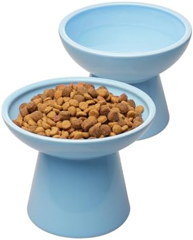 2 Extra Wide Elevated Cat Food Bowl, Ceramic Cat Bowls for Food and Water, Wide Shallow Cat Food Dish, Whisker Fatigue, Lead & Cadmium Free, Great Height for Cat, Blue
