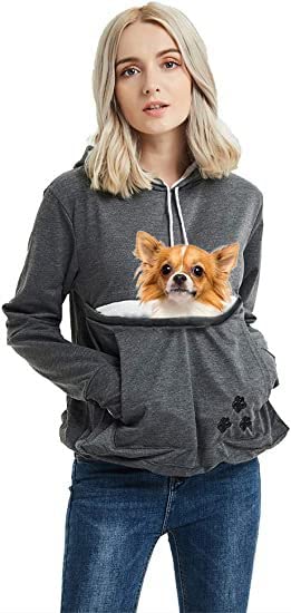 Womens Pouch Hoodie Big Kangaroo Little Pet Dog Cat Carrier Sweatshirts (Dark Grey,XXXL)