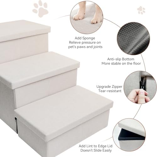 Dog Stairs with Condo 18" H, 3-Step Wider Dog Steps for High Beds Couch, Folding Storage Pet Stairs Gift for Small/Medium/Large Old Dogs Cats, Ramp for Climbing Car Up to 200 lbs, Beige Gray