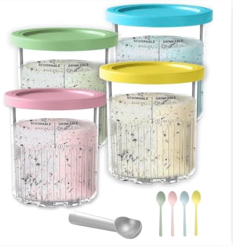 Ninja Star Creami Pints and Lids - 4 pack of 24 oz with accessories - Creami Deluxe Pints Compatible with NC500 Series Ice Cream Maker | Assorted Colors, BPA-Free