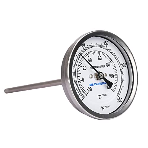 Measureman Fully Stainless Steel Pot, Kettle, Brewing Bimetal Dial Thermometer, 3" Dial, 6" Stem, 0-250 deg F/-20-120 deg C, -1% Accuracy, Adjustable, 1/2" NPT Back Mount