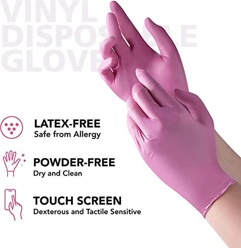 OriStout Disposable Gloves for Women, Pink Vinyl Gloves Disposable Latex Free for Cooking, Food Prep, Cleaning, Hair Dye, Tattoo, Medium Duty, Touch Screen, Medium, 200 Pack