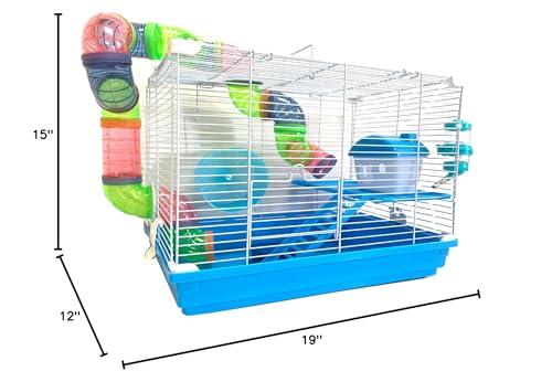 2 Levels Habitat Hamster Home Rodent Gerbil Mouse Mice Rat Wire Cage with Complete Set of Accessories (18" L x 12" W x 15" H, Blue)