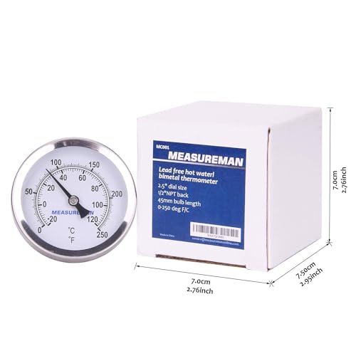 MEASUREMAN Hot Water Bi-Metal Thermometer, 2-1/2" Dial, 1-3/4" Lead-Free Brass Stem, Range 0-250 deg F/-20-120 deg C, 2% Accuracy, Adjustable, 1/2" NPT Back Mount(2 Pack)