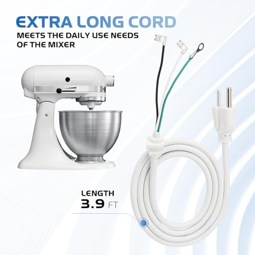 Mixer Cord Power 9701025 for KitchenAid Stand Mixer Replacement (White),3.9ft Cord-Power Fits Various KitchenAid Models