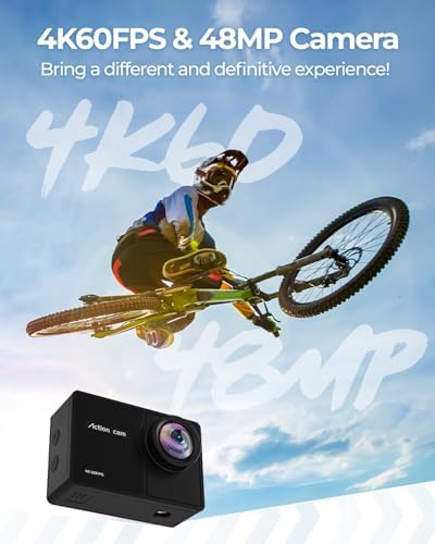 4K 60FPS Action Camara - Waterproof Camera with 64G SD Card 48MP HD WIFI Camera with EIS 40M Underwater Camera Wide Angle Sports Camera with 2*1350 mAh Batteries Helmet Mount Accessories Kits