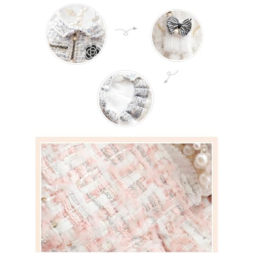 PalmPurr Fall Winter Small Dog Tweed Princess Dress White Pearl Design, Warm Fleece Dog Coat for Girls, Cute Puppy Clothes with Bow Flower, Luxury Chanel Style Pet Outfit for Cats & Dogs(White,L)