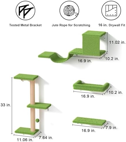 FUKUMARU Cat Wall Shelves, Stable & Safe 4 in 1 Cat Furniture Set, Wooden Climbing Wall with Scratching Post, Bridge and Bed, Stylish Jungle Gym for 16 Inch Drywall - Green