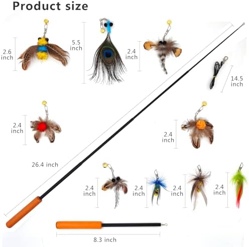 Interactive Cat Toys - 10 PCS Cat Retractable Wand Toy and Feather Toys Refills, Cat Enrichment Toys for Indoor Cats,Feather Cat Toys on a Stick,Cat Toy Small Feather Insects