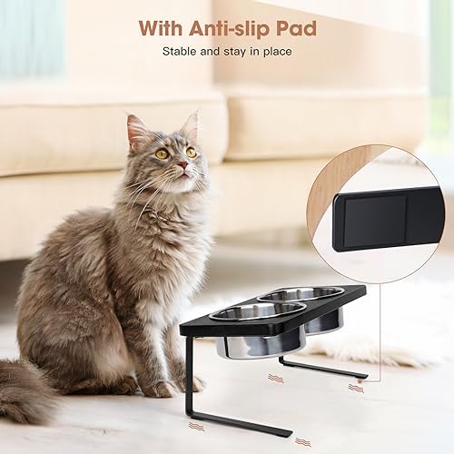 Elevated Cat Bowls, 15° Tilted Raised Cat Food Bowls Wood Pet Bowls with Stand Anti Vomiting 2 Stainless Steel Bowls for Cats and Puppy