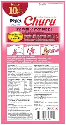 INABA Churu for Senior 10+, Creamy Lickable Cat Treats with Taurine, Vitamin E & C, 0.5 Ounces Each, 24 Tubes (4 per Pack), Tuna with Salmon Recipe