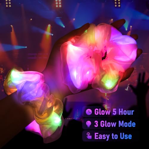 20PCS Glow in the Dark Scrunchies, Light Up Scrunchies for Girls & Women, Led Hair Scrunchies for Party Supplies, Rave Hair Accessories for Glow Neon Sleepover Party Favors