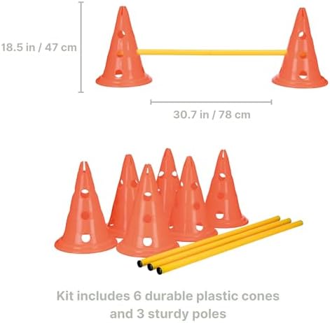 TRIXIE Dog Agility Hurdle Cone Set – Dog Agility Set with Height Adjustable Crossbar for Beginners & Advanced, Dog Agility Equipment for Dog Obstacle Courses – 6 x Cones, 3 x Agility Rods
