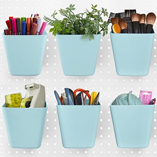 G.CORE Large Pegboard Cups Peg Board Storage Bin 6 Pack with Hooks, Square Box Shape Pegboard Cup Holder Accessories for Garage Workbench/Craft Room/Office/Playroom/Home Kitchen Organization (Blue)