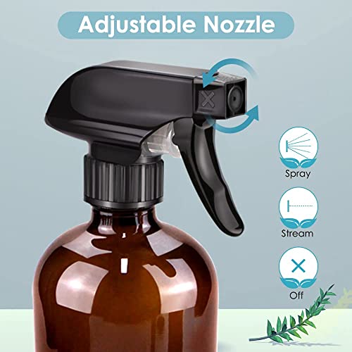 Glass Spray Bottle, Amber Glass Spray Bottle Set & Accessories for Non-toxic Window Cleaners Aromatherapy Facial Hydration Watering Flowers Hair Care (2 Pack/16 oz) (Amber)