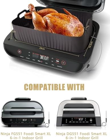 Air Fryer Silicone Liners for Ninja FG551/DG551 Foodi Smart XL 6-in-1 Grill, Rectangle Reusable Airfryer Pot Basket Insert Replacement Tray | Non-stick | Easy Cleaning | Food-Grade Safe | Gray