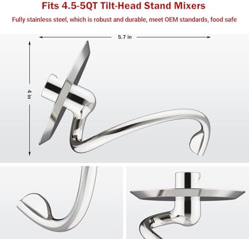 GVODE Stainless Steel Spiral Dough Hook for KitchenAid Stand Mixer, Bread Hook Attachment Fits 4.5-5 QT Mixing Bowl for Tilt-Head Stand Mixers, For KitchenAid Stand Mixer Accessories, Dishwasher Safe
