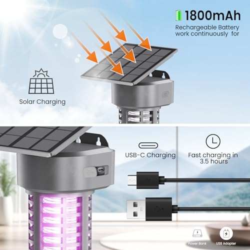 Solar Bug Zapper Outdoor, Garden Mosquito Zapper Waterproof & Cordless & Rechargeable & Auto On/Off,Flying Insect Zapper Mosquito Killer Lamp Mosquito Catcher Decorative Light for Patio, Gray