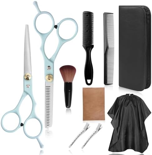 Hair Cutting Scissors Kit, Stainless Steel Hair Scissors Professional Haircut Scissors Set with Hair Scissors, Thinning Scissors, Haircut Accessories in Leather Case for Men/Women-10PCS Blue