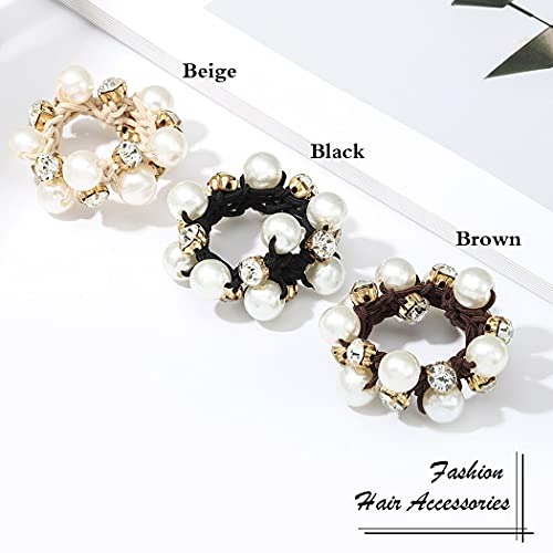 Brinie Pearl Hair Ties Black Ponytail Holders Elastic Crystal Hair Scrunchies Pearl Hair Accessories for Women and Girls (Pack of 3)