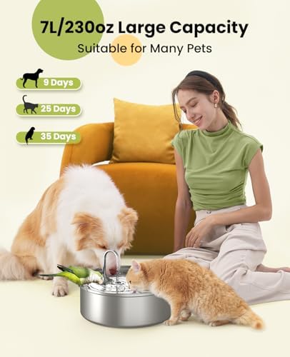 oneisall Dog Water Fountain for Large Dogs,7L/230oz/1.8G Stainless Steel Dog Fountain Super Quiet with Triple Filtration,Great for Large Dogs Cats and Multi-Pet Home