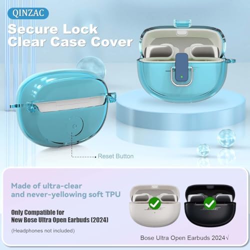 Clear Case for Bose Ultra Open with Safety Lock (2024), Shockproof Protective Cover for Bose Ultra Open Earbuds Clear TPU Bose Open Ear Case Accessories with Cleaning Kit & Carabiner (Clear Blue)