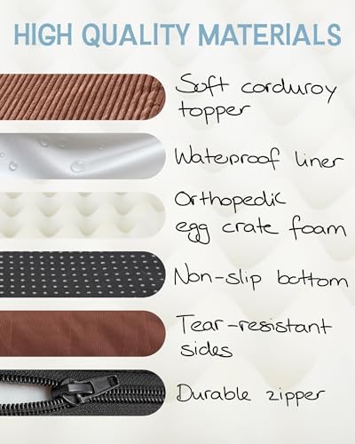 OhGeni 35 Inch Orthopedic Waterproof & Machine Washable Dog Bed for Large Pets, 20D Egg Crate Foam Stable Support, Non-Slip Bottom and Removable Cover, Tear-Resistant Invisible Durable Zipper(Brown)