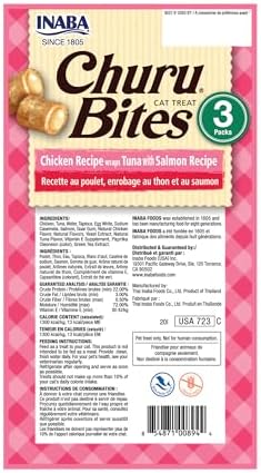 INABA Churu Bites for Cats, Soft Baked Chicken Churu Filled Cat Treats with Green Tea Extract, 0.35 Ounces Each Tube, 18 Tubes Total (3 per Pack), Tuna with Salmon Recipe