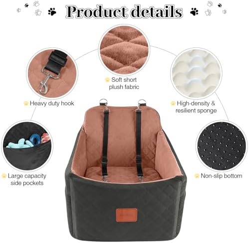 Dog Car Seats for Small/Medium Dogs Up to 35 lbs – Portable Memory Foam Dog Seat for Car with Anti-Slip Design, 2 Adjustable Safety Leashes & Storage Pockets(Black/Brown, Medium)