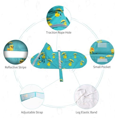 NACOCO Large Dog Raincoat Adjustable - Pet Rubber Ducks Yellow Water Proof Clothes Lightweight Rain Jacket Poncho Hoodies with Strip Reflective Pink (Lake Green XL, Sunglass Duck)
