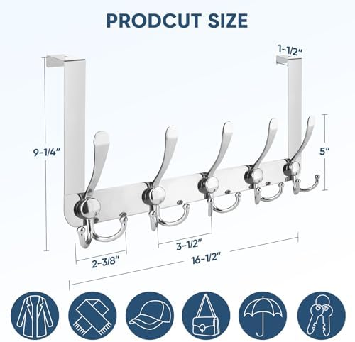 TICONN Over The Door Hooks, 5 Heavy Duty Tri Coat Rack All Metal Coat Hanger for Jacket Hat Towel Bags in Bathroom Bedroom Dorm (Chrome, 1PK)