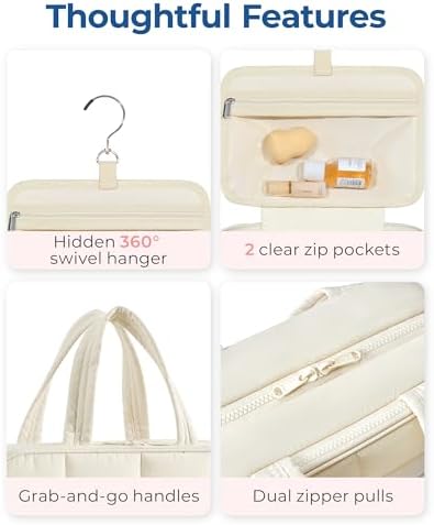 BAGSMART Travel Toiletry Bag with Jewelry Organizer, Hanging Travel Bag for Toiletries, Puffy Makeup Cosmetic Bag Organizer, Carry-on Travel Accessories Essentials, Beige-L