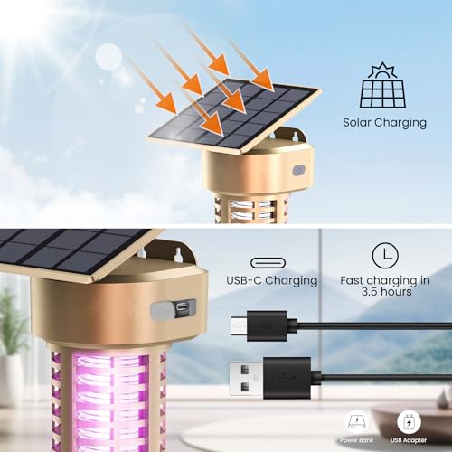 Solar Bug Zapper Outdoor, Garden Mosquito Zapper Waterproof & Cordless & Rechargeable & Auto On/Off,Flying Insect Zapper Mosquito Killer Lamp Mosquito Catcher Decorative Light for Patio, Gold